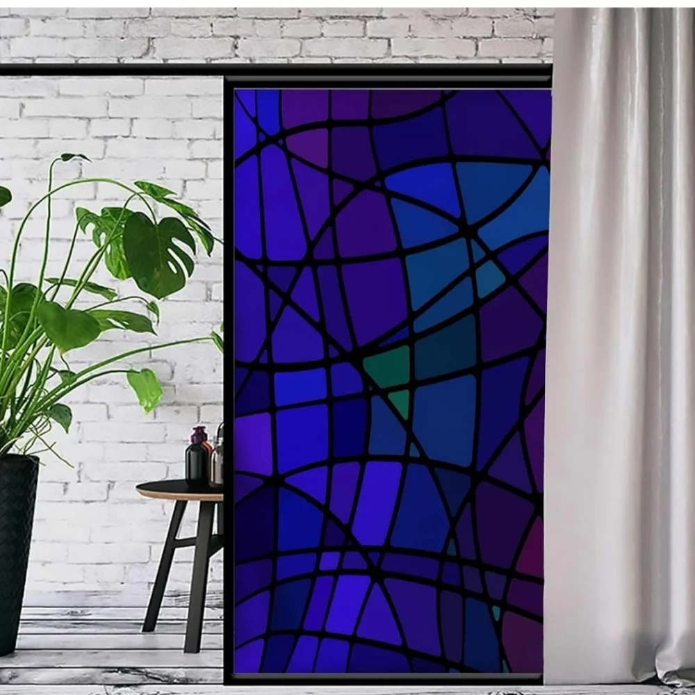 Blue Stained Glass Non-Adhesive Opaque Static Cling Abstract Removable Glass